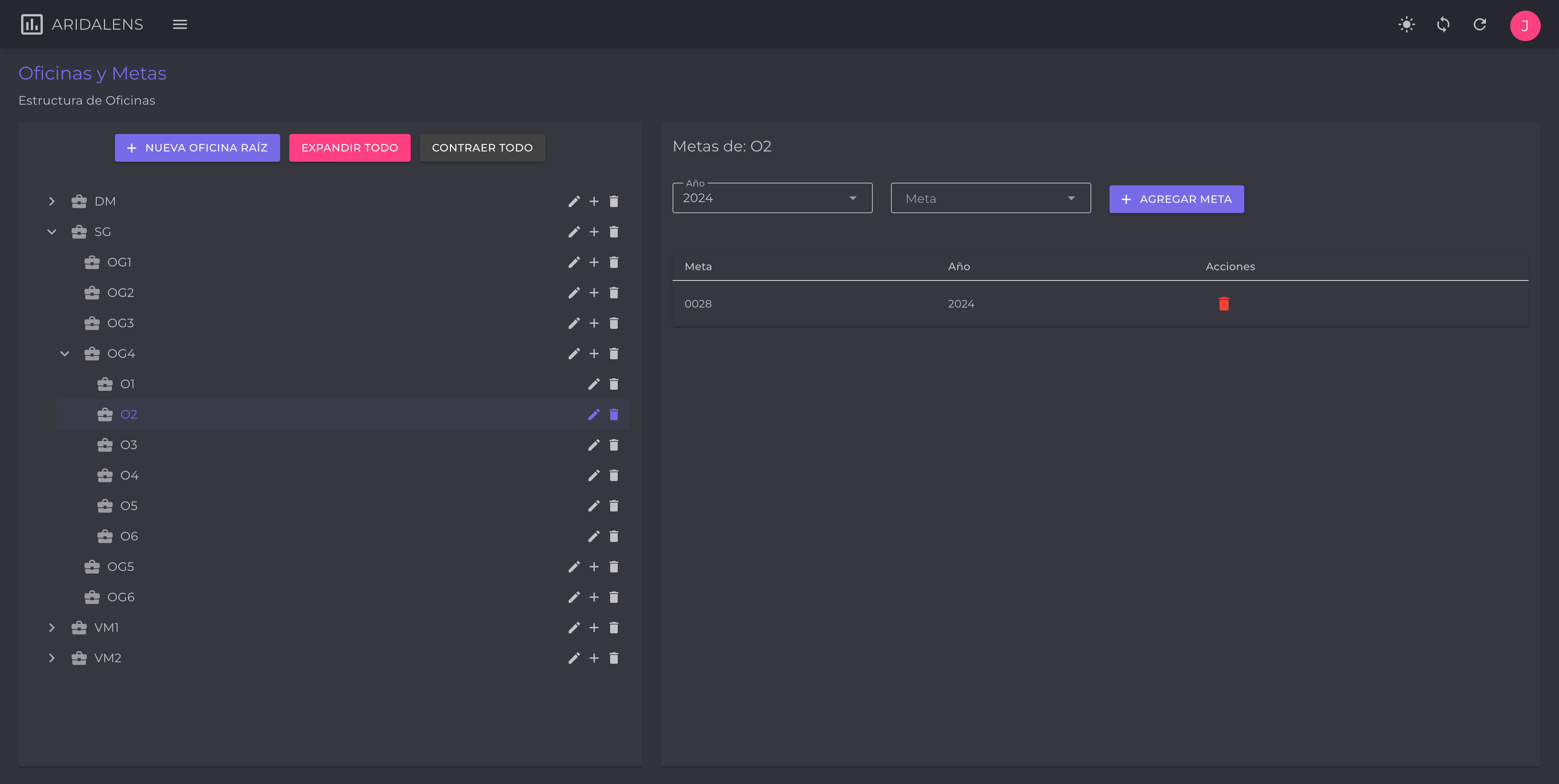 Panel de Configuración de Oficinas y Metas